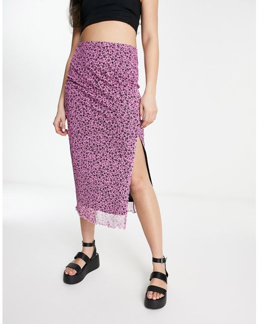 Monki Pink Mesh Midi Skirt With Split