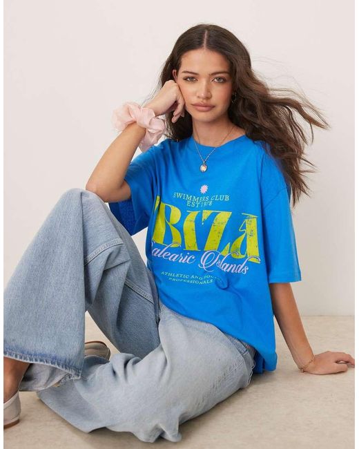 Camiseta Azul Extragrande Con Estampado Gráfico "Ibiza" Y Acabado Texturizado De ASOS de color Blue