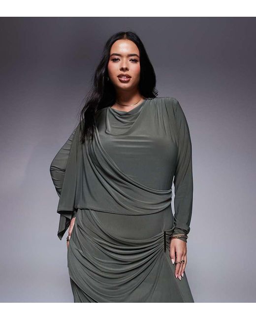 ASOS Gray Asos Design Curve Long Sleeve Drape Maxi Dress With Hitched Skirt And Trim