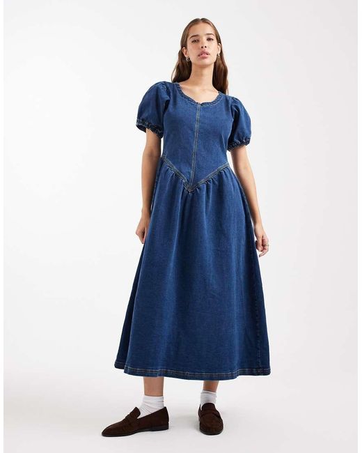 Daisy Street Blue Puff Sleeve Drop Waist Maxi Dress