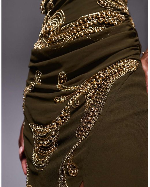 Robe longue ornementée à superposition avec jupe drapée et taille basse - kaki ASOS en coloris Brown