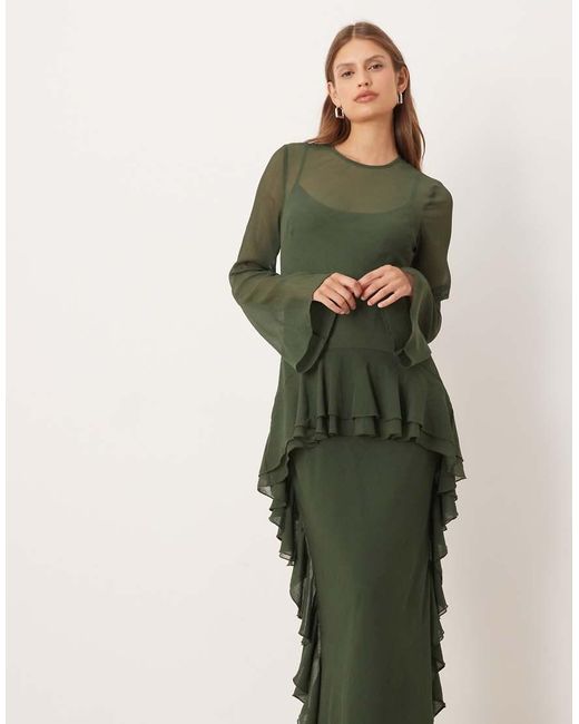 ASOS Green Long Sleeve Frill Hem Chiffon Maxi Dress