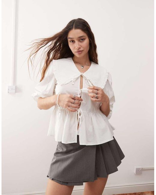 Monki Natural Long Sleeve Frill Collared Peplum Blouse