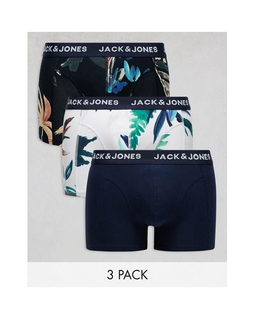 Jack & Jones Blue 3 Pack Trunks With Floral Print for men