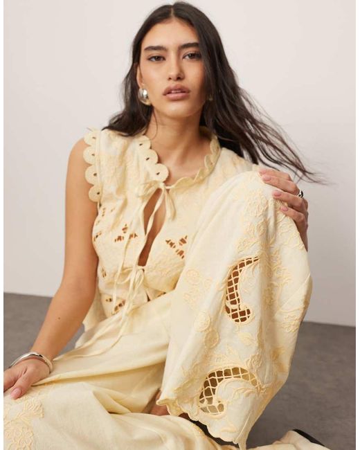 ARRANGE Natural Cotton Embroidered Cutwork Straight Leg Trouser