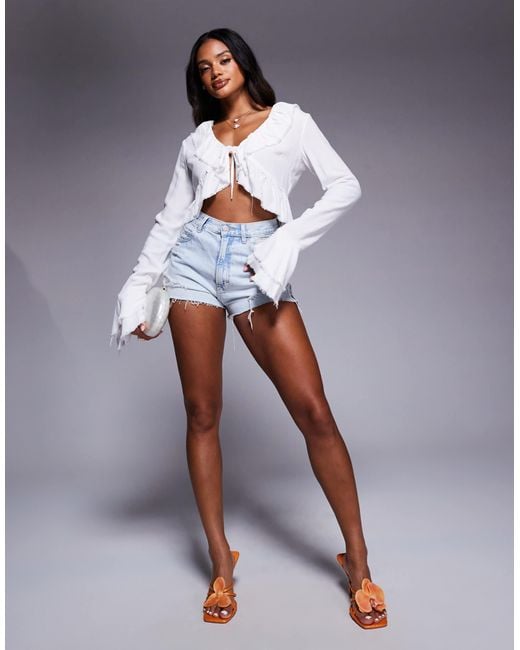 Aria Cove Gray Linen Look Ruffle Tie Front Bell Sleeve Top