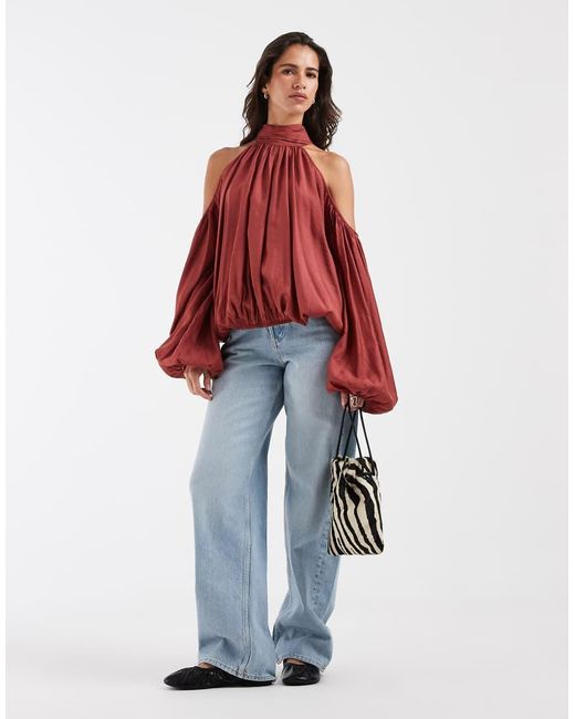 ASOS Red Halterneck Cold Shoulder Volume Blouse