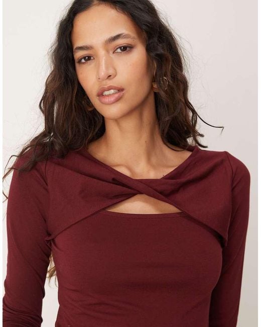 ASOS Red Ribbed Long Sleeve Twist Front Detail Top