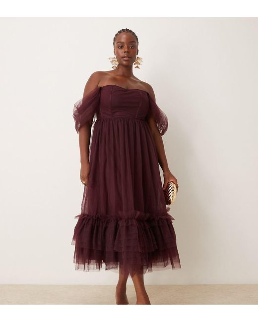 Lace & Beads Plus Red Off Shoulder Corset Ruffle Midaxi Dress