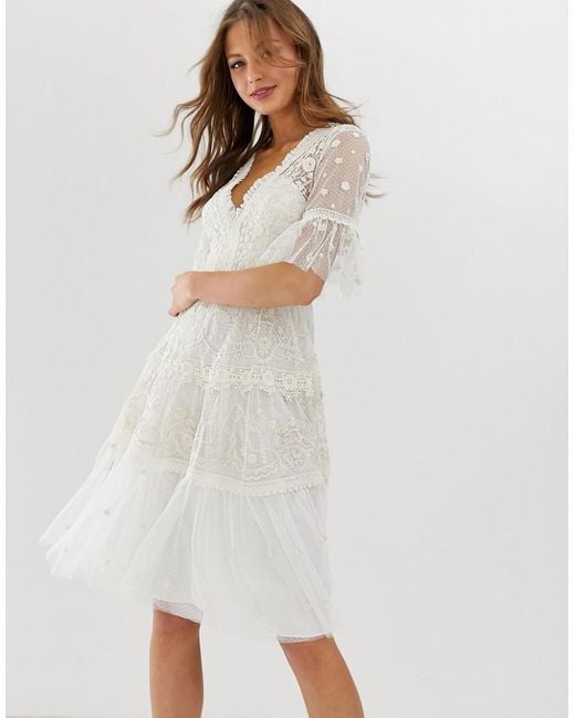 Needle & Thread White Embroidered Midi Dress With Flutter Sleeve