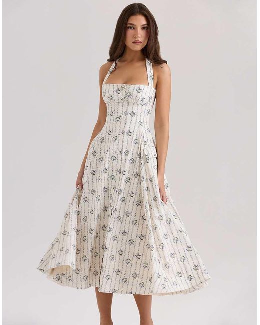 House Of Cb Natural Claudia Stretch Cotton Halter Neck Midi Dress
