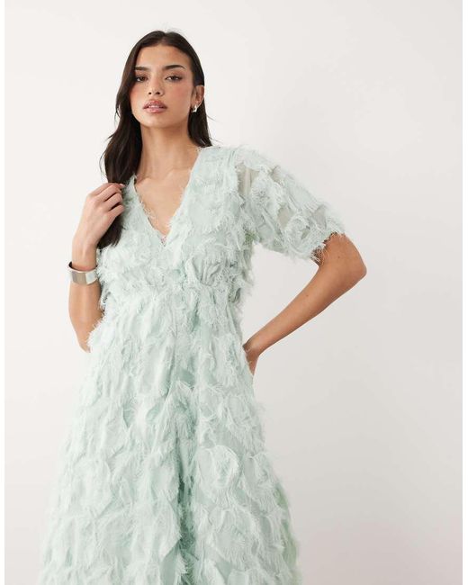 Y.A.S Green Textured V Neck Midi Dress