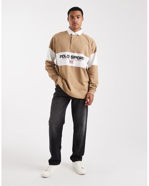 Polo Ralph Lauren Natural Sport Chest Panel Flag Logo Oversized Fit Rugby Polo for men