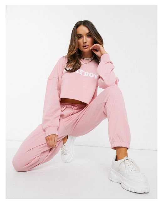 Missguided Pink Playboy Co-ord Cropped Sweatshirt