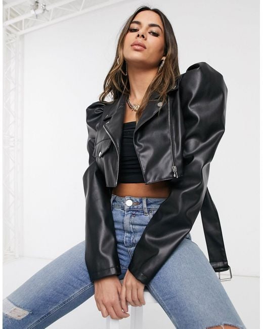 ASOS Faux Leather Puff Sleeve Cropped Biker Jacket in Black | Lyst