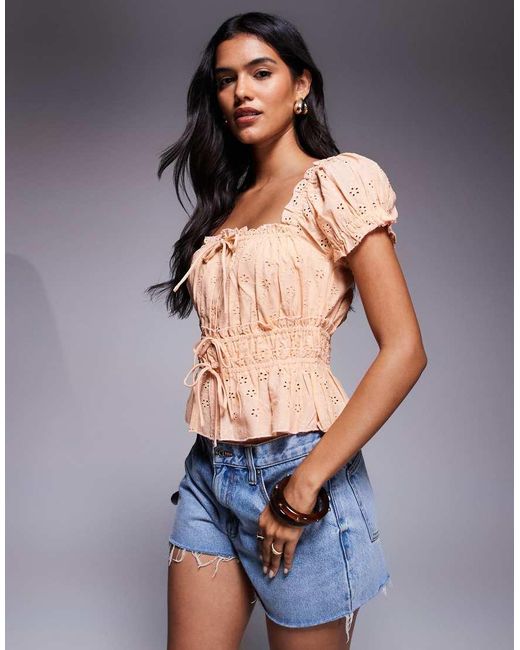 River Island Blue Shirred Puff Sleeve Top