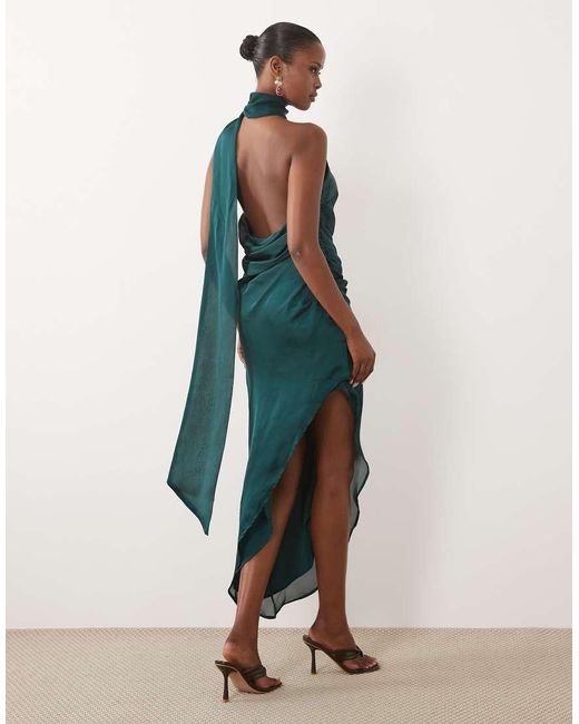 ASOS Green Scarf Detail Asymmetric Satin Midaxi Dress