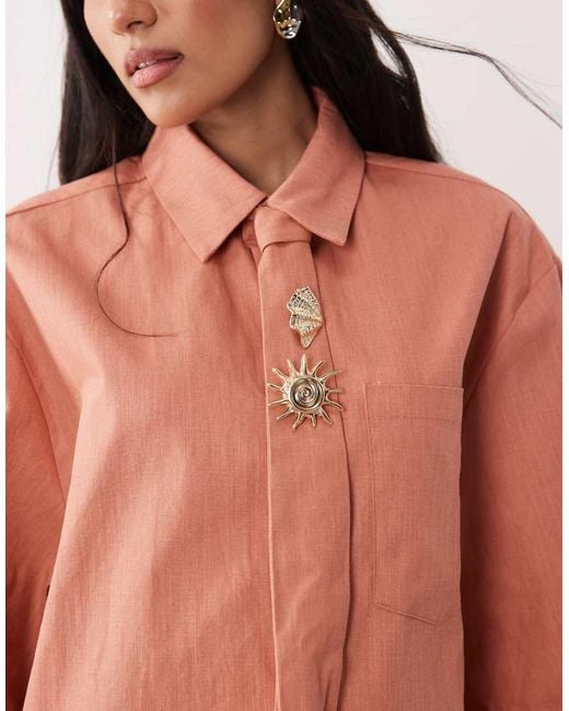 Sister Jane Orange Unisex Ochre Short Sleeve Boxy Shirt With Tie Pins