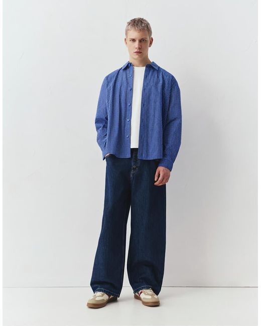 Pull&Bear Blue Long Sleeve Check Shirt for men