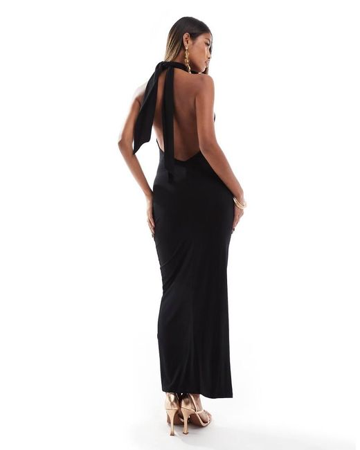 ASOS Black Wrap Front Halterneck Midi Dress With Open Back