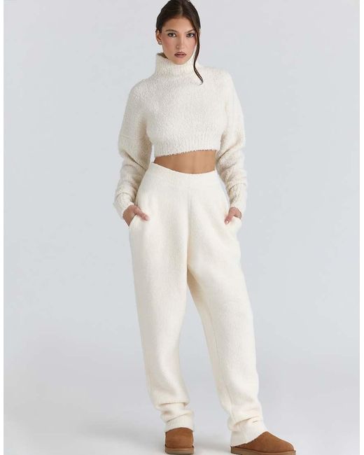 House Of Cb White Cheyenne Ivory Cropped Chunky Boucle Wool Knit Sweater
