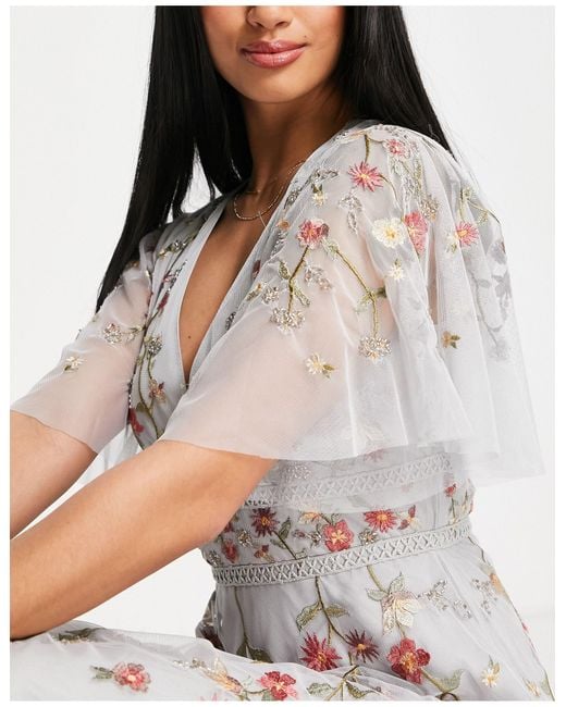 ASOS Asos Design Petite Bridesmaid Floral Embroidered Flutter Sleeve Maxi  Dress With Embellishment in Blue