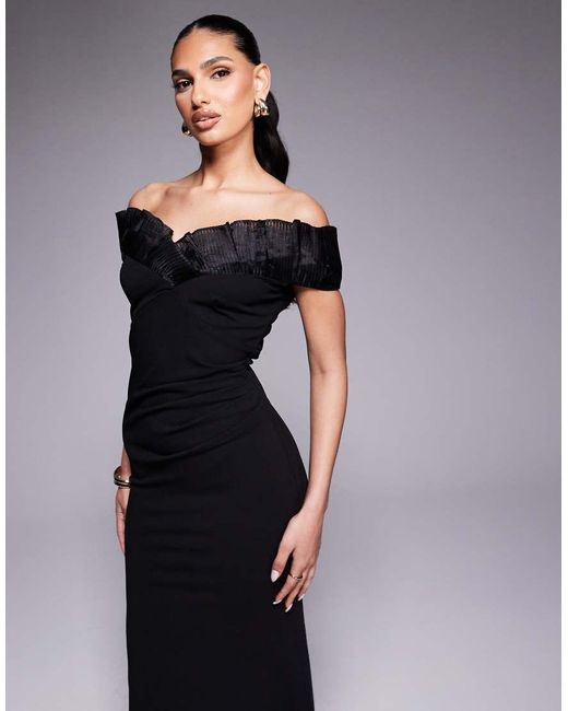 Goddiva Black Fan Pleated Bardot Scuba Crepe Maxi Dress
