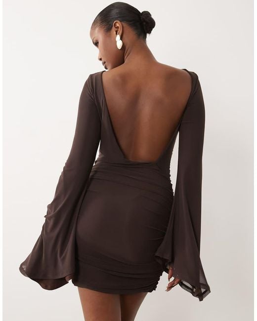 ASOS Brown Mesh Waterfall Sleeve Ruched Mini Dress
