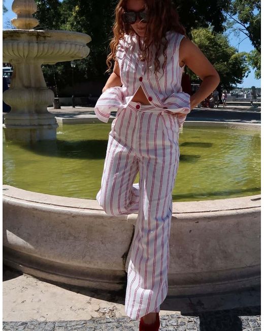 Labelrail Green X Rebecca Olivia Button Through Striped Twill Waistcoat Top Co-ord