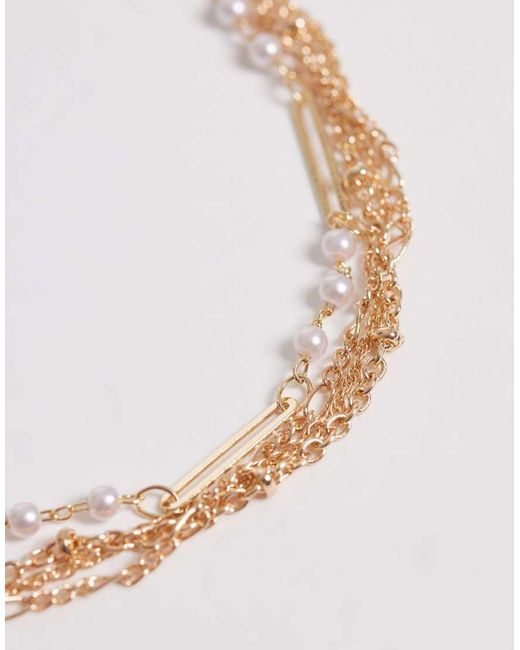 ASOS Metallic Asos Design Curve Multi-Row Chain Bracelet With Faux-Pearl Details