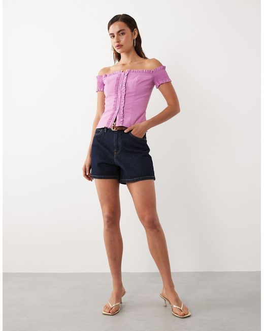 Mango Purple Starring Hailey Bieber Ruffle Detail Off Shoulder Blouse