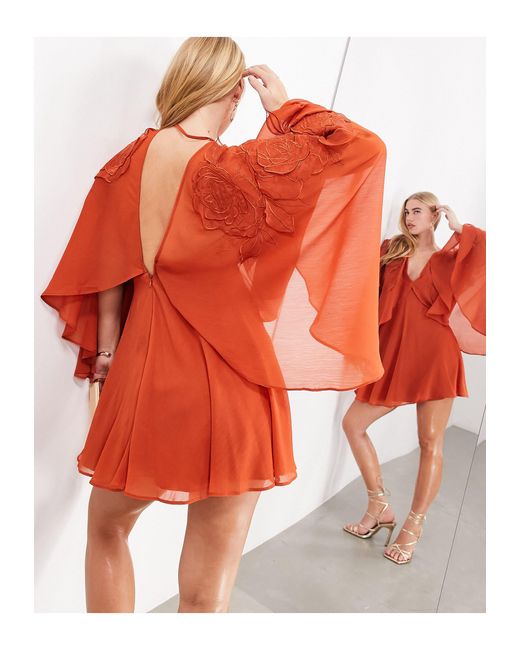 ASOS Red Applique Floral Cape Sleeve Full Skirt Mini Dress