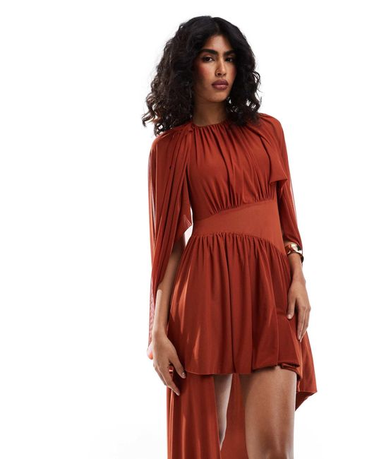 ASOS Red Mesh Fabric Mix Mini Dress With Draped Sleeves And Asymmetric Skirt