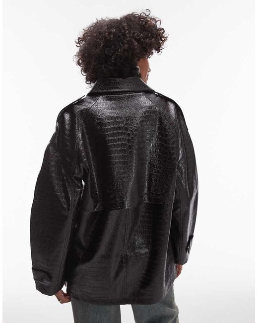TOPSHOP Black Faux Leather Croc Trench Coat