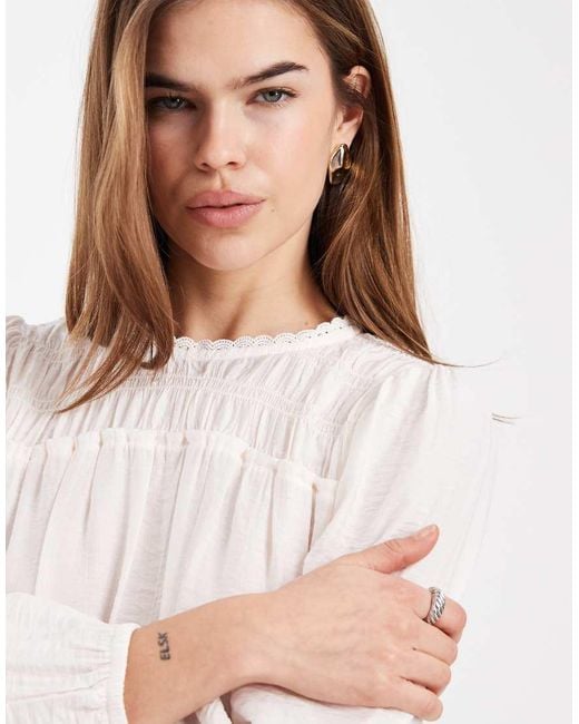 New Look White Shirred Crew Neck Blouse