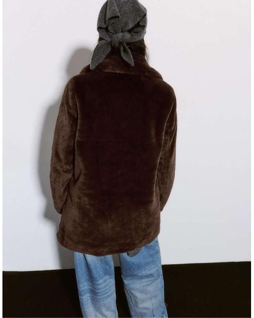 Pull&Bear Brown Fur Coat With Lapel Collar