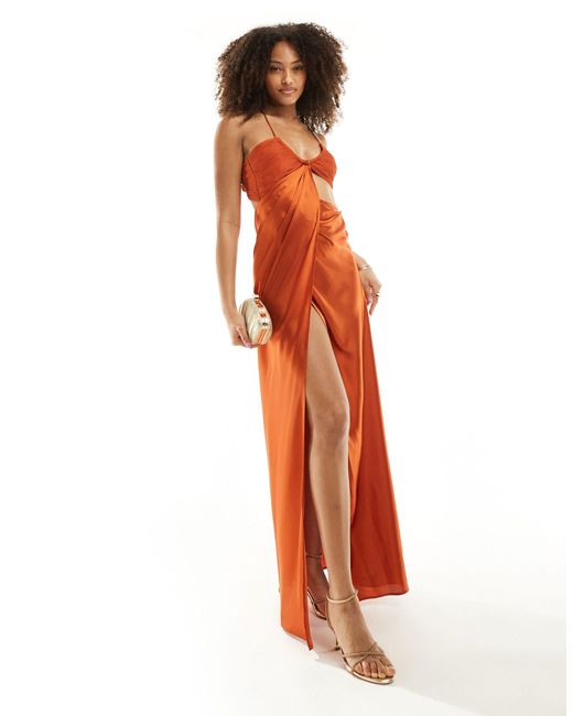 ASOS Orange – gerafftes maxikleid aus chiffon-satin-mischgewebe