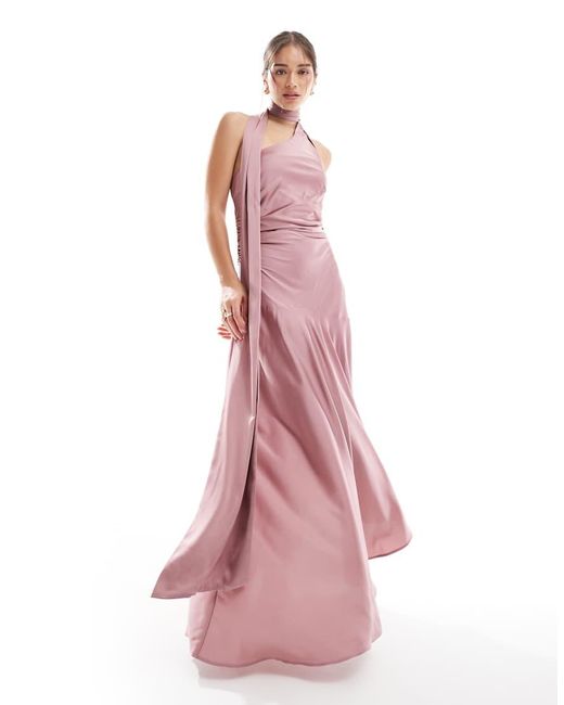 TFNC London Pink Bridesmaids Satin Asymmetric Maxi Dress With Scarf Neck