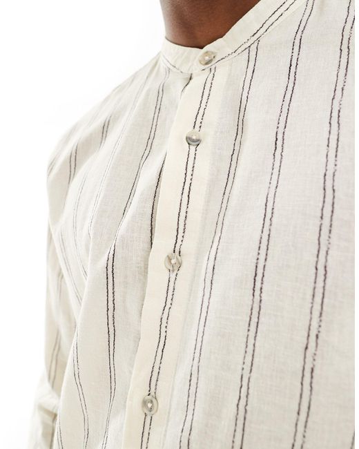 Pull&Bear White Linen Stripe Grandad Neck Shirt for men