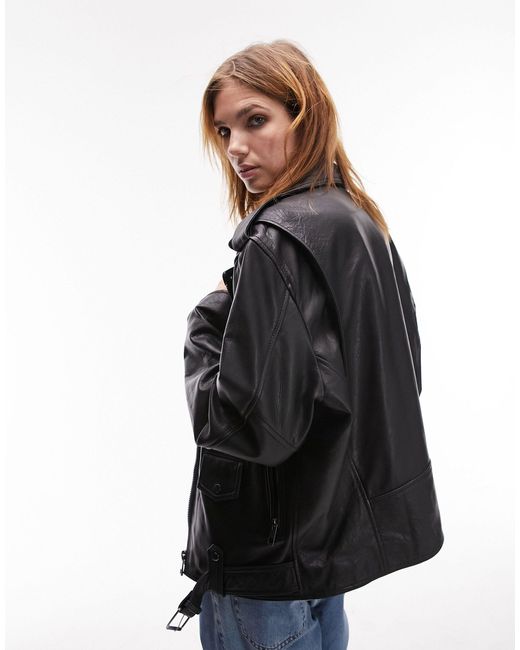TOPSHOP Black Oversize Leather Biker Jacket