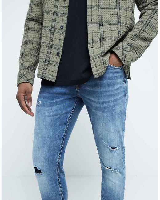 River Island Blue Ripped Skinny Jeans for men