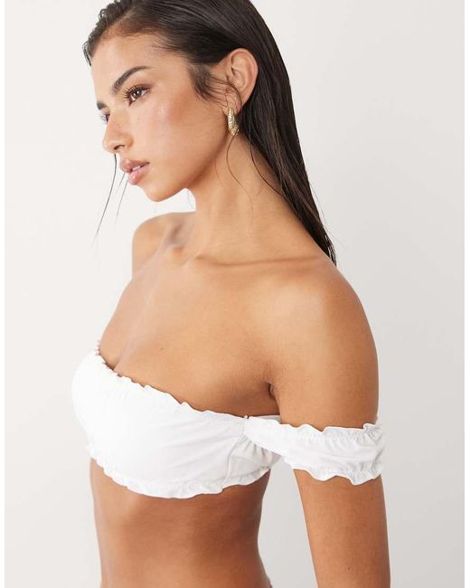 The Frolic White Exclusive Frill Ruched Off Shoulder Bikini Top Co-Ord