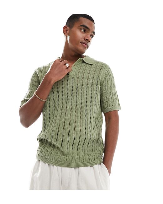 ASOS Green Knitted Pointelle Polo for men