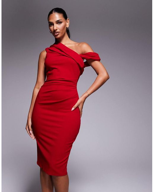 Goddiva Red Crepe Pleated Drop Shoulder Midi Dress