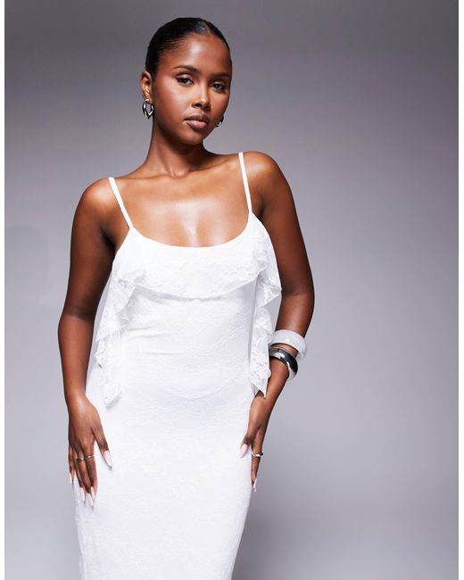 Kaiia White Exclusive Double Layered Slinky Lace Cami Ruffle Detail Cowl Back Maxi Dress