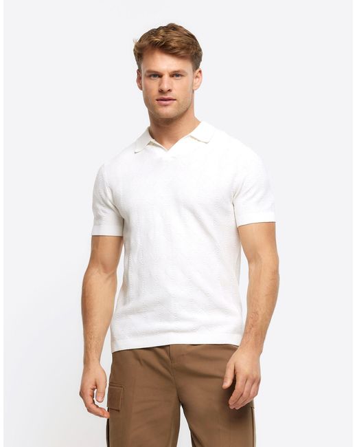 River Island White Muscle Fit Diamond Stitch Knit Polo for men