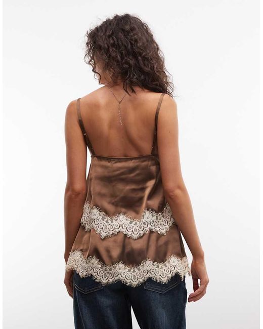Reclaimed Vintage Brown Double Layered Satin And Lace Cami Top