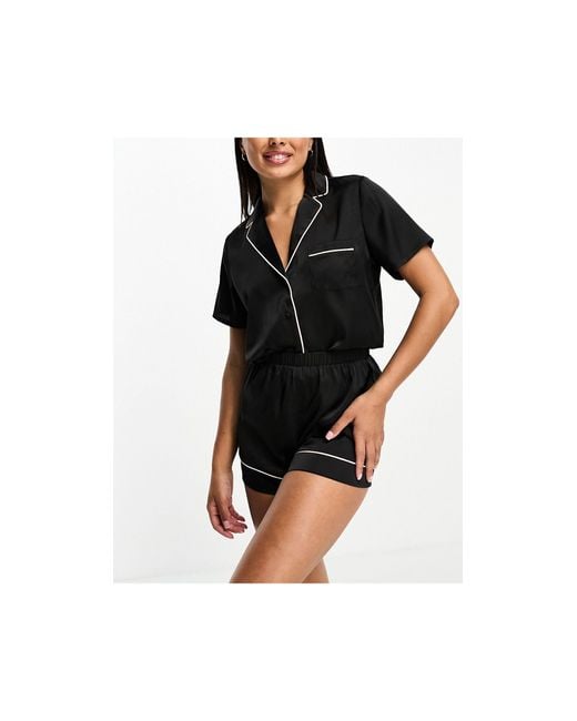 ASOS Black Satin Short Sleeve Shirt & Short Pyjama Set