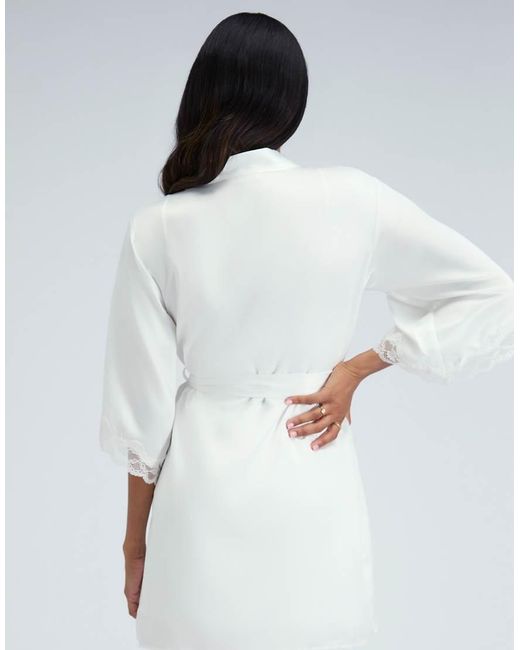 Boux Avenue White Amelia Matte Satin Short Robe Lace Trim Comfy Nightwear