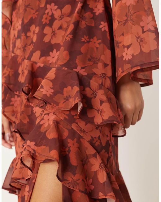 ANAYA Red Floral Long Sleeve Ruffle Midaxi Dress